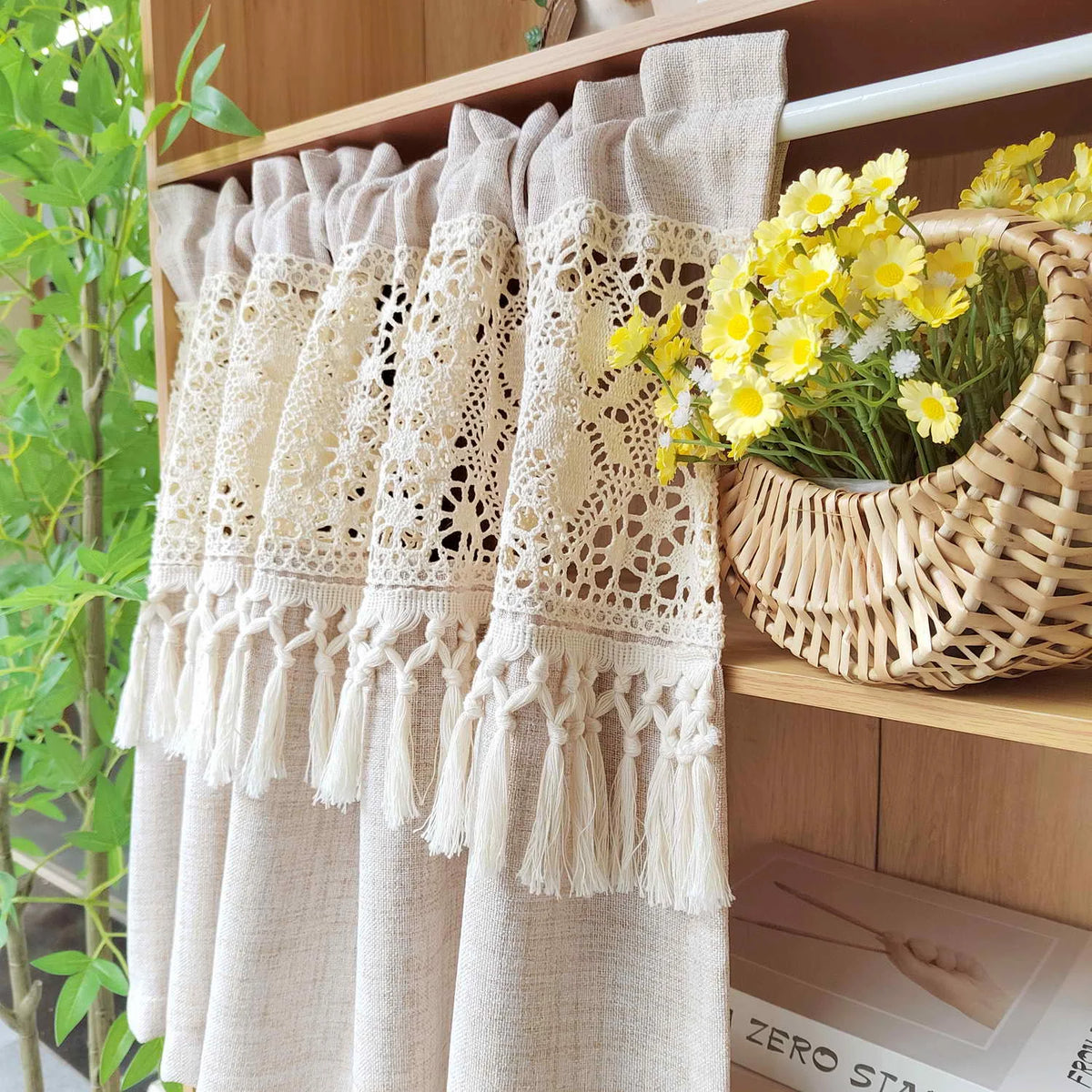 rideau bohème vintage vert clair beige dentelle franges polyester simple