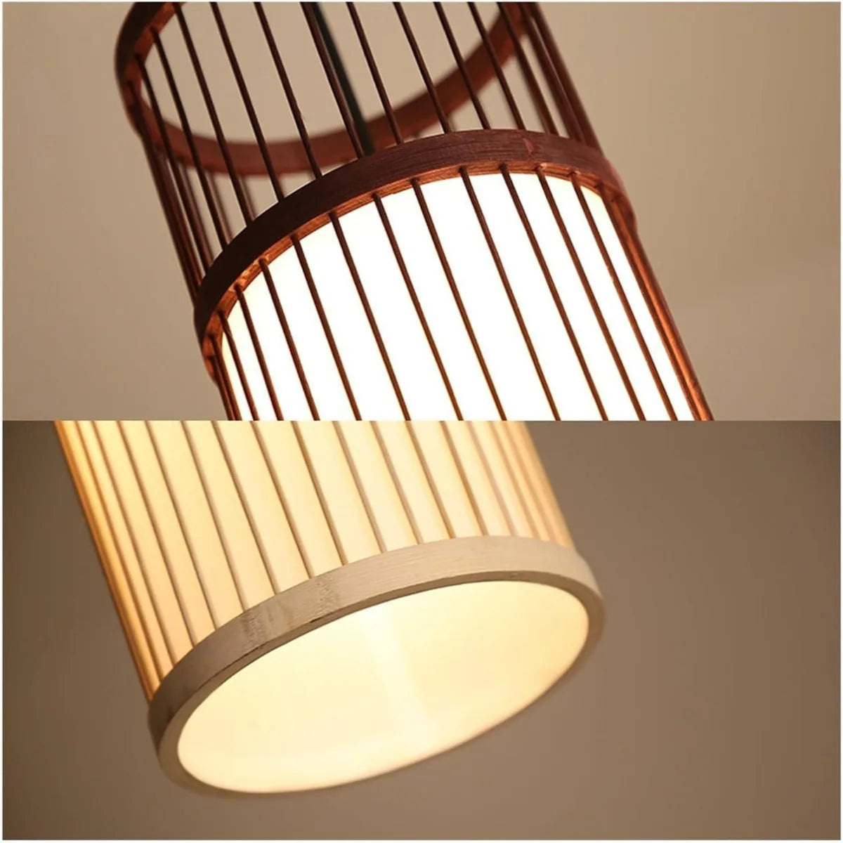 suspension lumineuse bambou rayures horizontales moderne oriental marron clair beige