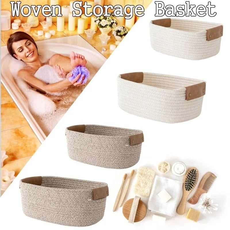 paniers rangement tissés main khaki clair blanc modernes rustiques poignées cuir eco friendly