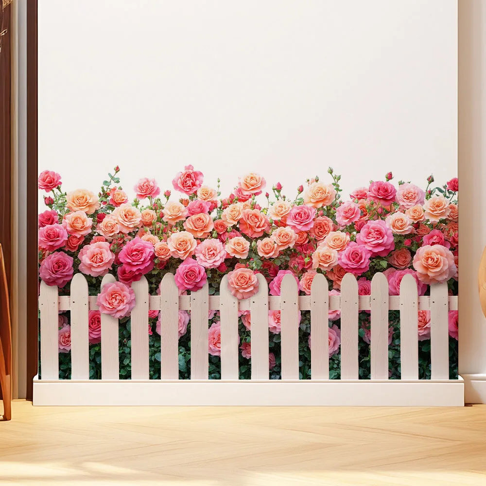 décoration murale sticker floral rose feuillage clôture verte jardin romantique moderne 30x60cm