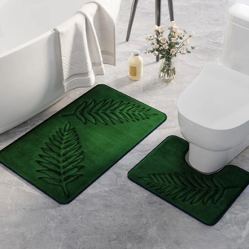 tapis bain moderne feuille palmier vert foncé noir bleu marine gris clair