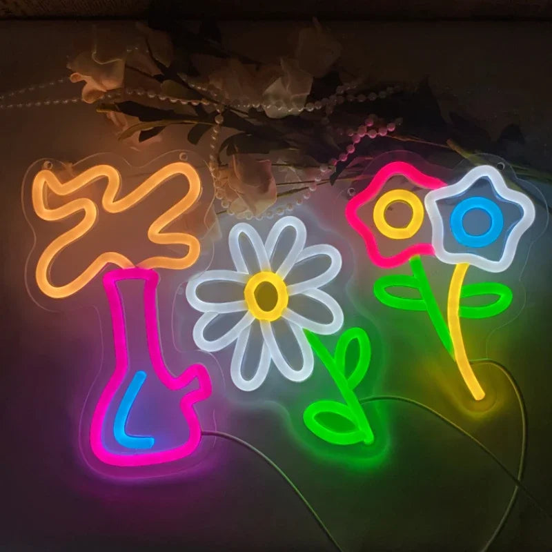 Panneau lumineux néon blanc chaud sur mur de chambre aesthetic