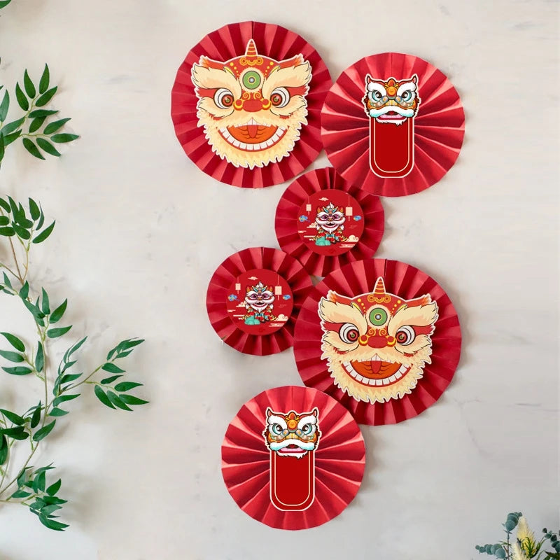 décoration murale mariage anniversaire fête rouge lion floral nuages papier fan rubans ballons dorés