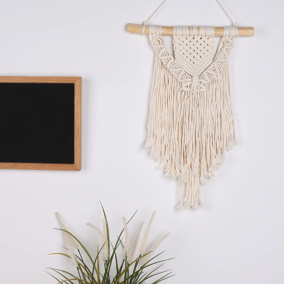 tapisserie macramé géométrique bohème beige clair franges tissu coton hand woven