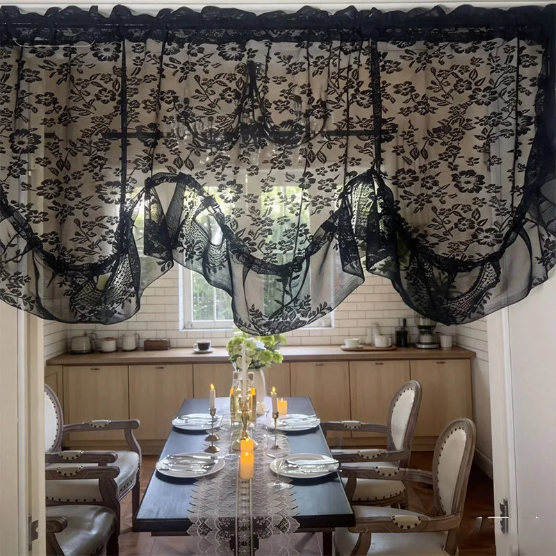 rideau floral transparent noir blanc classique dentelle brodée 130cmx60cm
