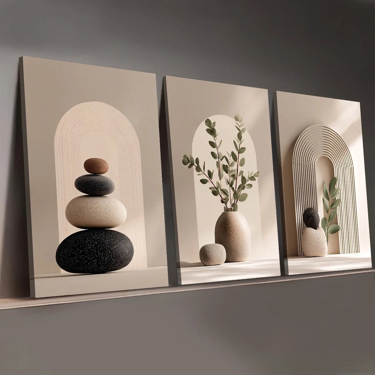 tableau moderne minimaliste arche geometrique feuilles vertes vase pierre decoration chambre maison living room
