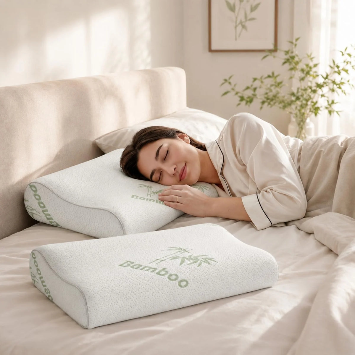 coussin mémoire forme fibre bambou imprimé blanc ergonomique zip taie amovible support cou lit