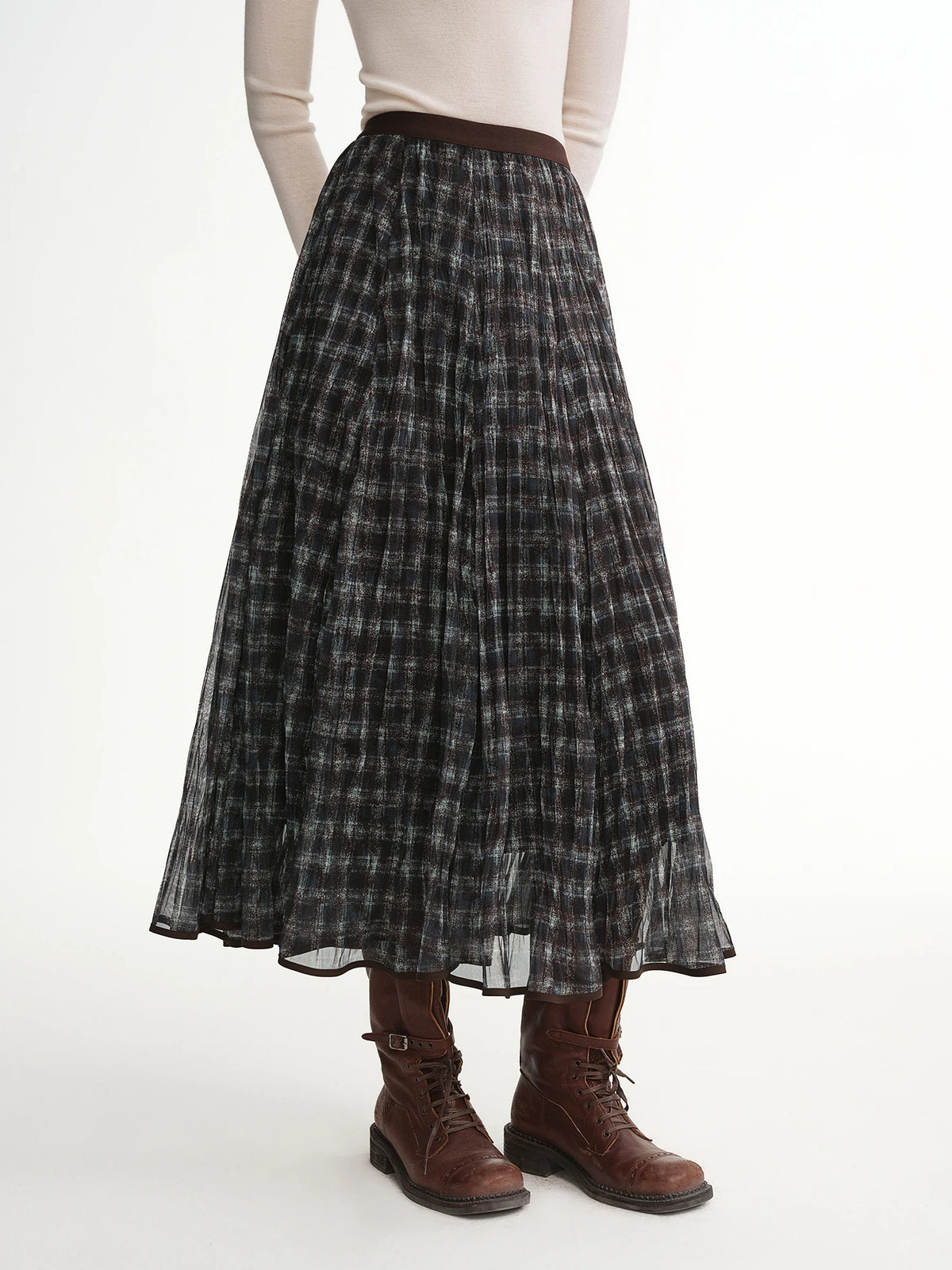 jupe plissée carreaux gris noir femme hiver classique polyestère loose midi
