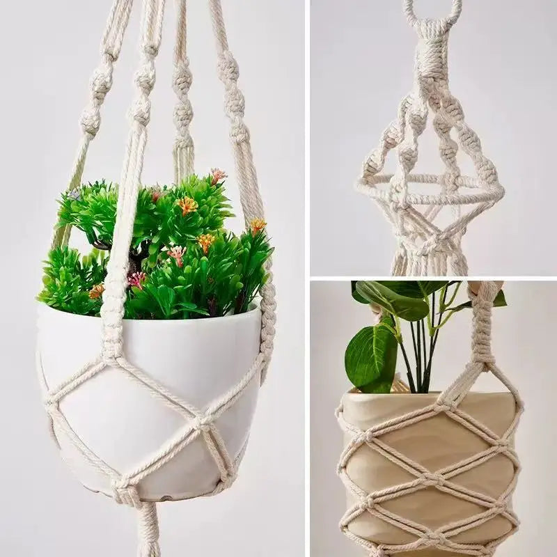 support plante suspendue macramé boho panier blanc noeuds réguliers artisanal pot fleuri