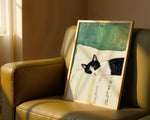 tableau moderne chat dormant toile peinte noir blanc vert beige opaque sans cadre