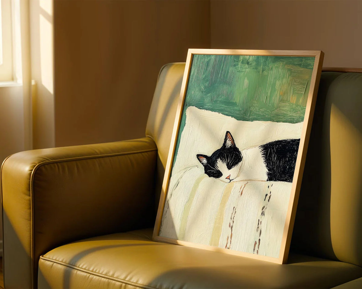 tableau moderne chat dormant toile peinte noir blanc vert beige opaque sans cadre