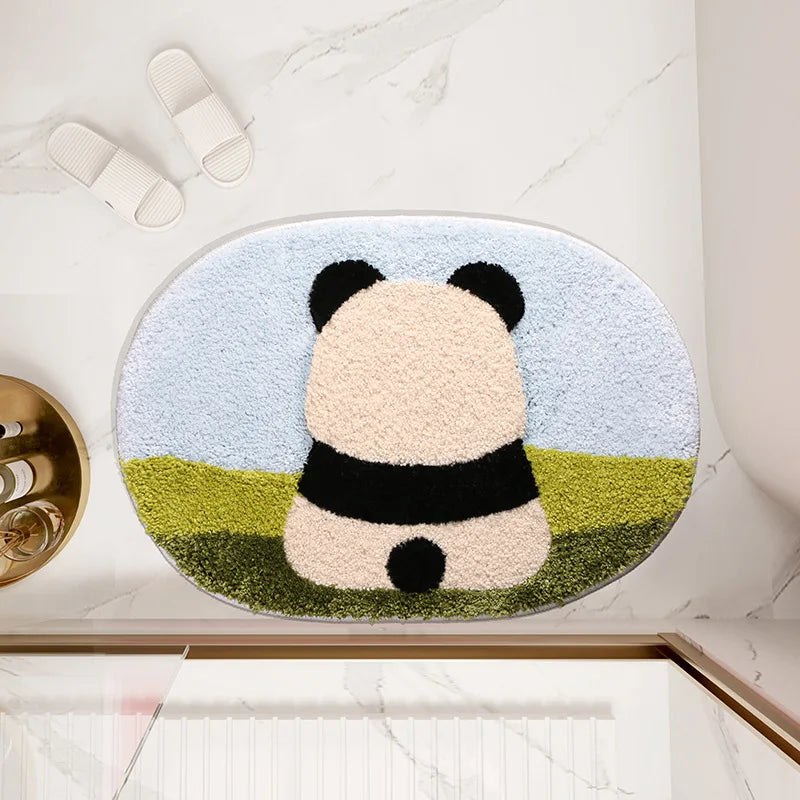 tapis bain imperméable antidérapant moderne polyester pelucheux panda rose clair vert bleuclair enfantin