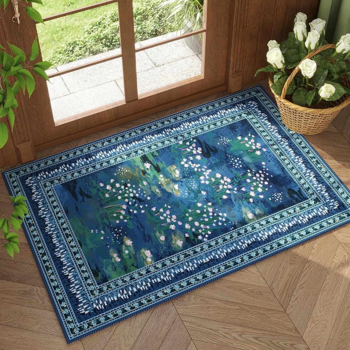 tapis sol antidérapant résistant décoloration fleurs blanches vert feuilles classique 30x50cm 40x60cm 50x80cm