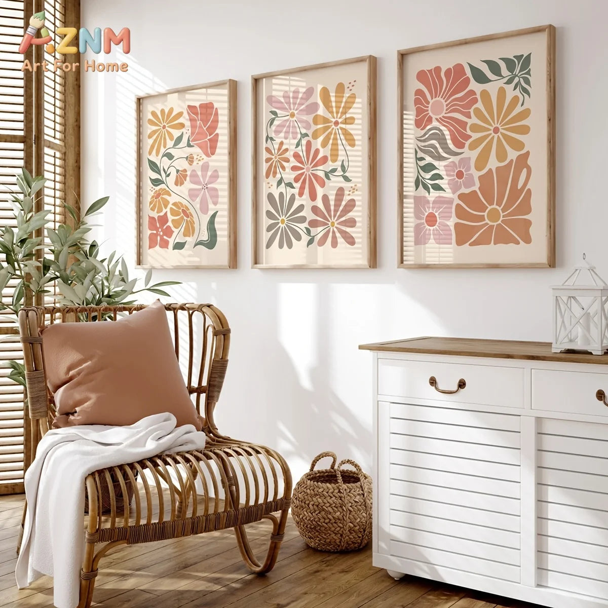 affiche murale fleurs stylisées cadre bois moderne décoration intérieure minimaliste beige rose vert jaune