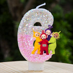 bougies décoratives teletubbies anniversaire enfant blanc rose pailletées brillantes multicolores personnages