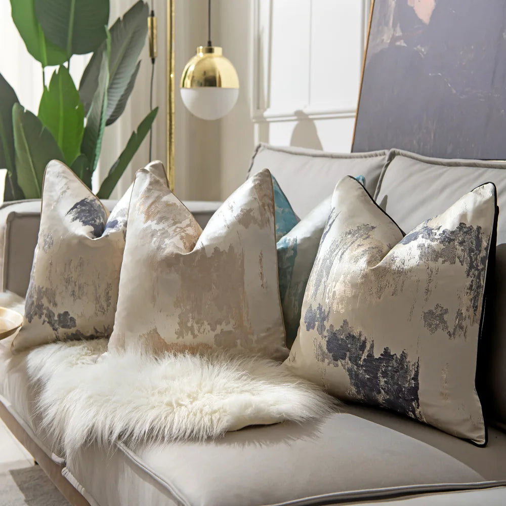 housse coussin géométrique polyester contemporain beige gris bleu clair abstrait effet peinture 30x50 45x45