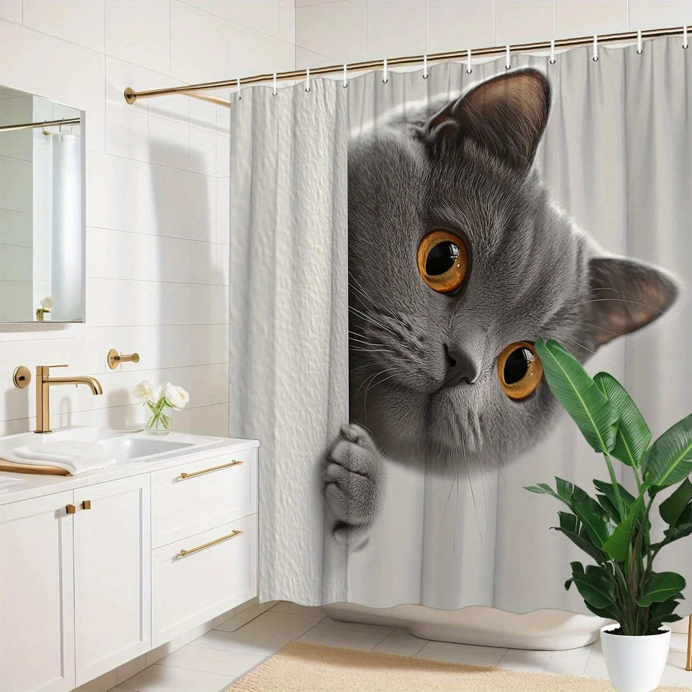 rideau douche chaton gris blanc motif humoristique moderne tringle texture polyester blanc fond