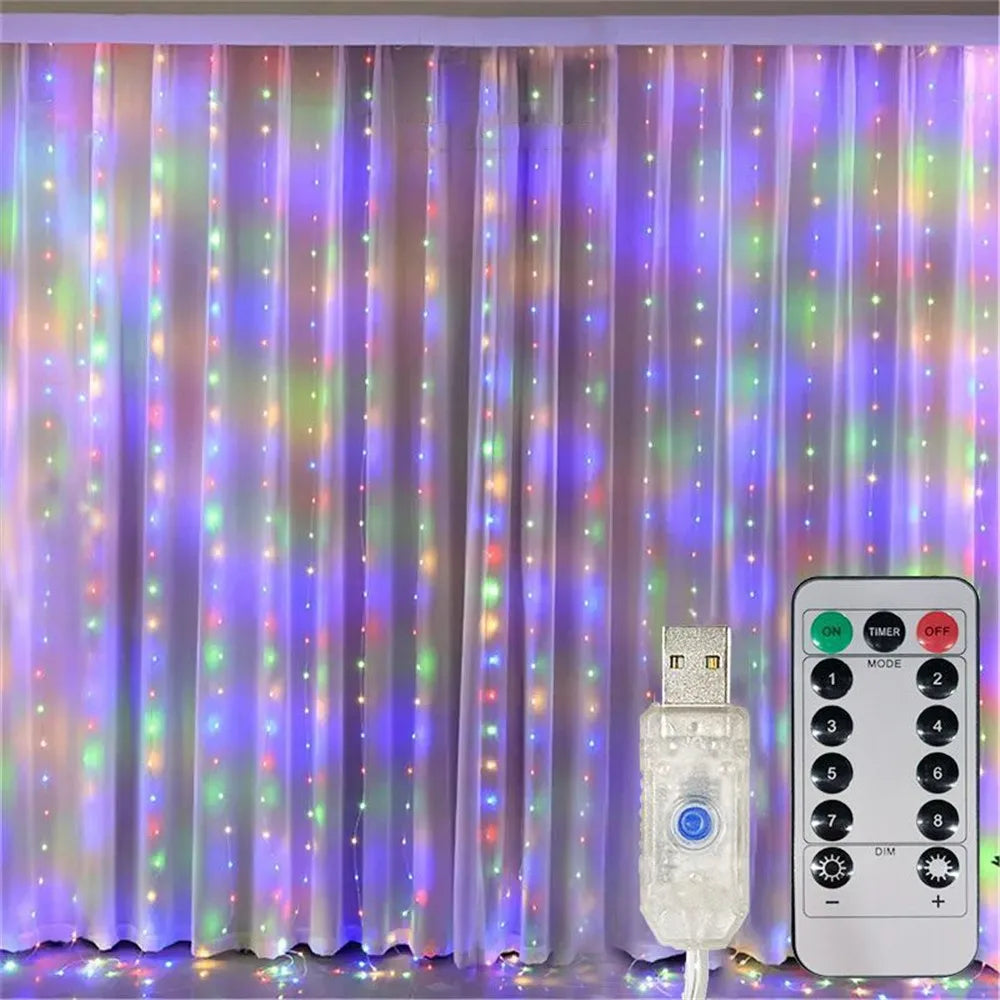rideau lumineux led usb décoration intérieur extérieur fête mariage Noël blanc rose bleu télécommande