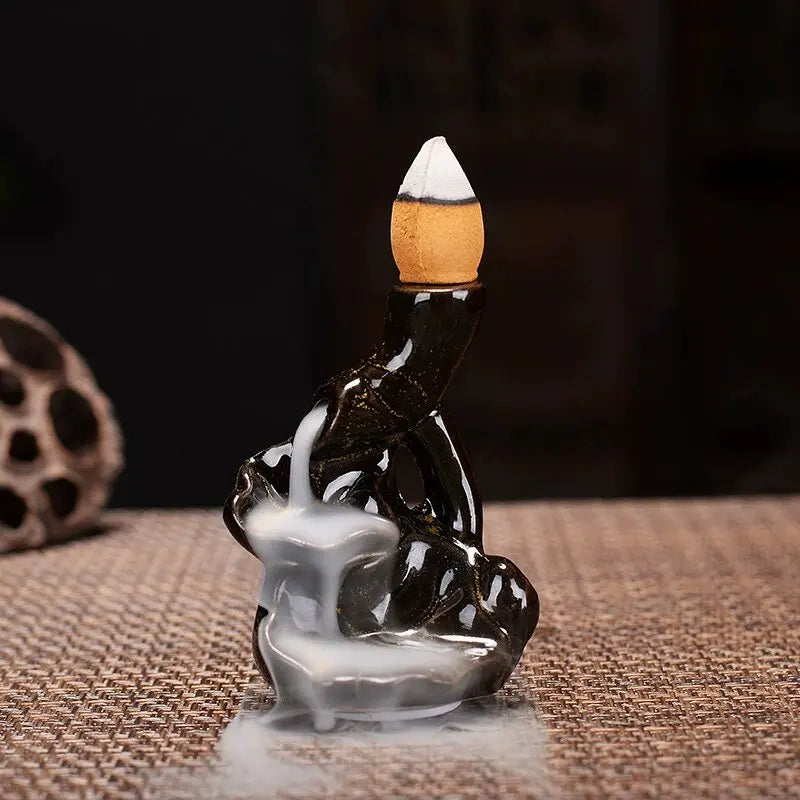 diffuseur d'encens poterie moderne motifs floraux noir gris beige