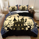 ensemble literie halloween maison hantée noir beige bleu illustrations opaques taies oreillers drap