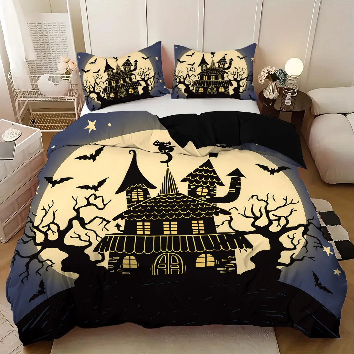 ensemble literie halloween maison hantée noir beige bleu illustrations opaques taies oreillers drap