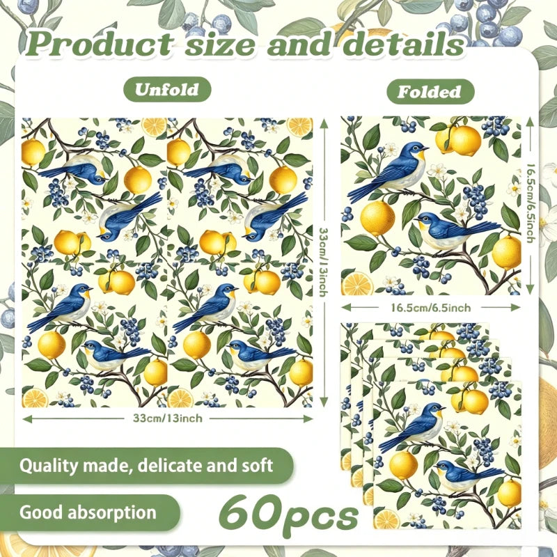 serviettes papier motif oiseaux citrons fleurs bleu jaune vert blanc 20 40 60 pièces