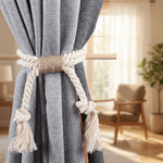 rubans fenêtre tissés rustiques coton bleu gris blanc anneaux bois decoration bohème