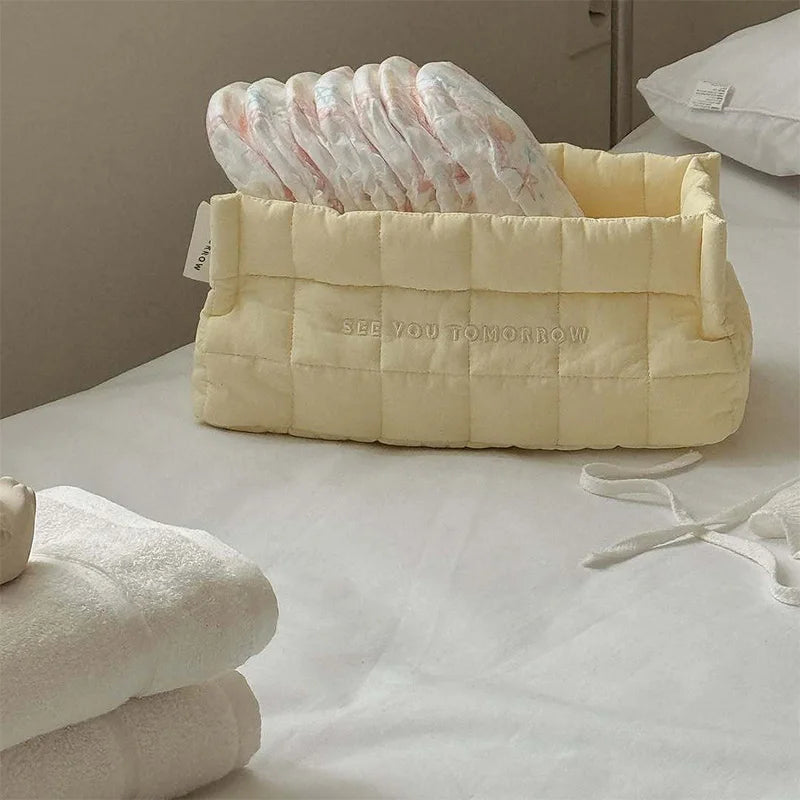 sac rangement coton piqueté moderne doux poignées tissu multicolore beige rose bleuclair jaune blanc