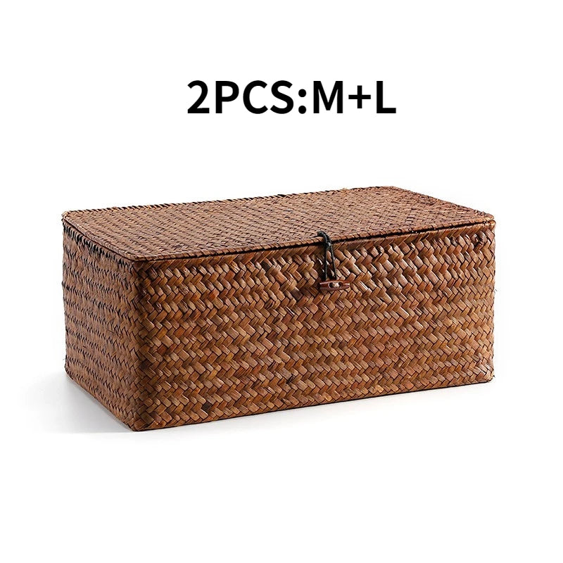 paniers rangement tressés rotin marron clair rustique couvercle utilisation multiple decorationintérieur bohème pastoral