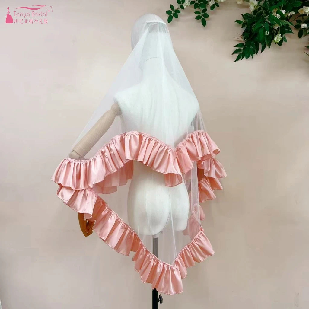 voile mariée blanc rose violet classique élégant volants polyester deux couches translucide
