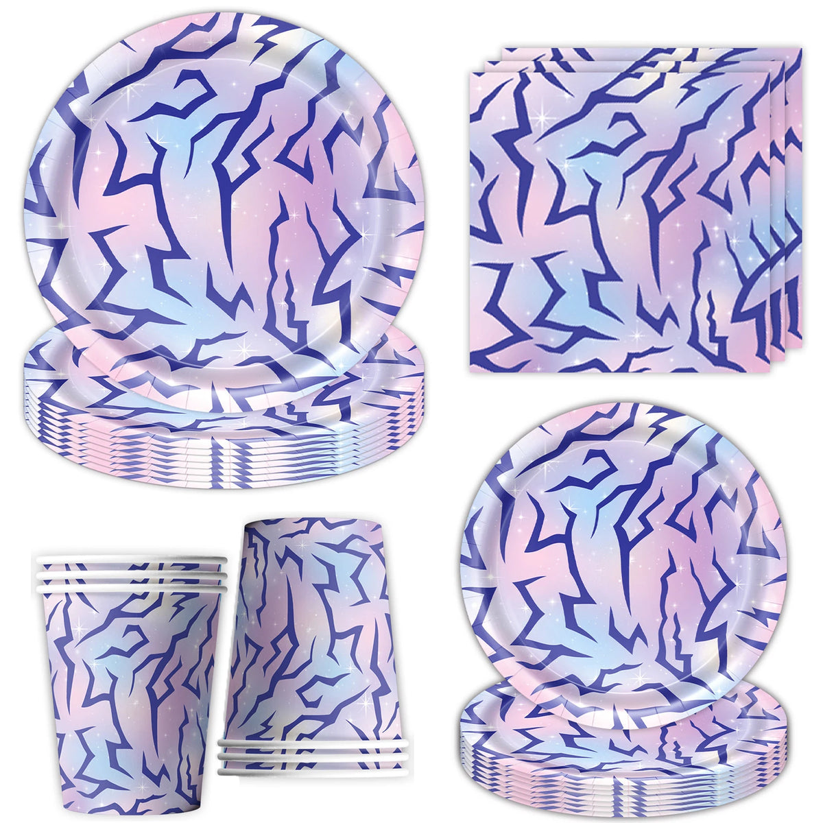 assiettes gobelets serviettes fête anniversaire violet bleu rose rayures diagonales effet irisé moderne festif