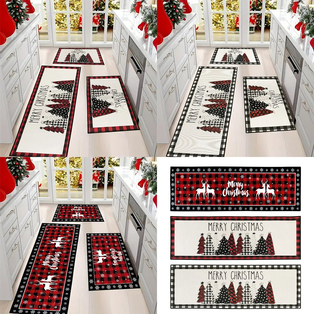 tapis sol carreaux rouge noir blanc sapins rennes noel merry christmas festive déco