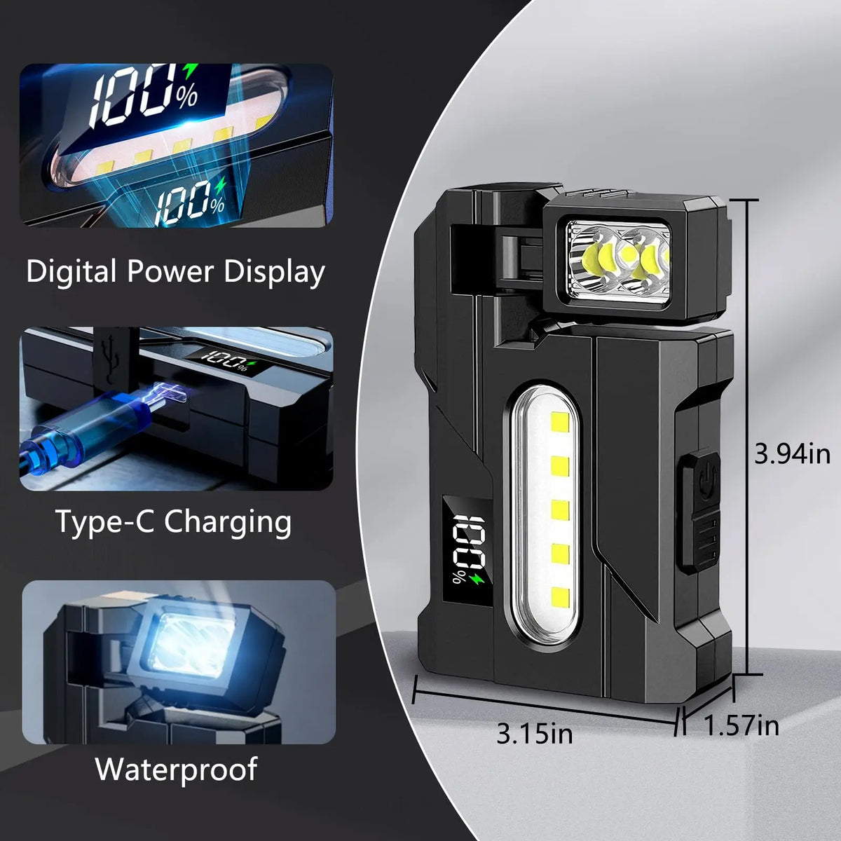 lampe torche rechargeable aimantée portative affichage charge type moderne noire