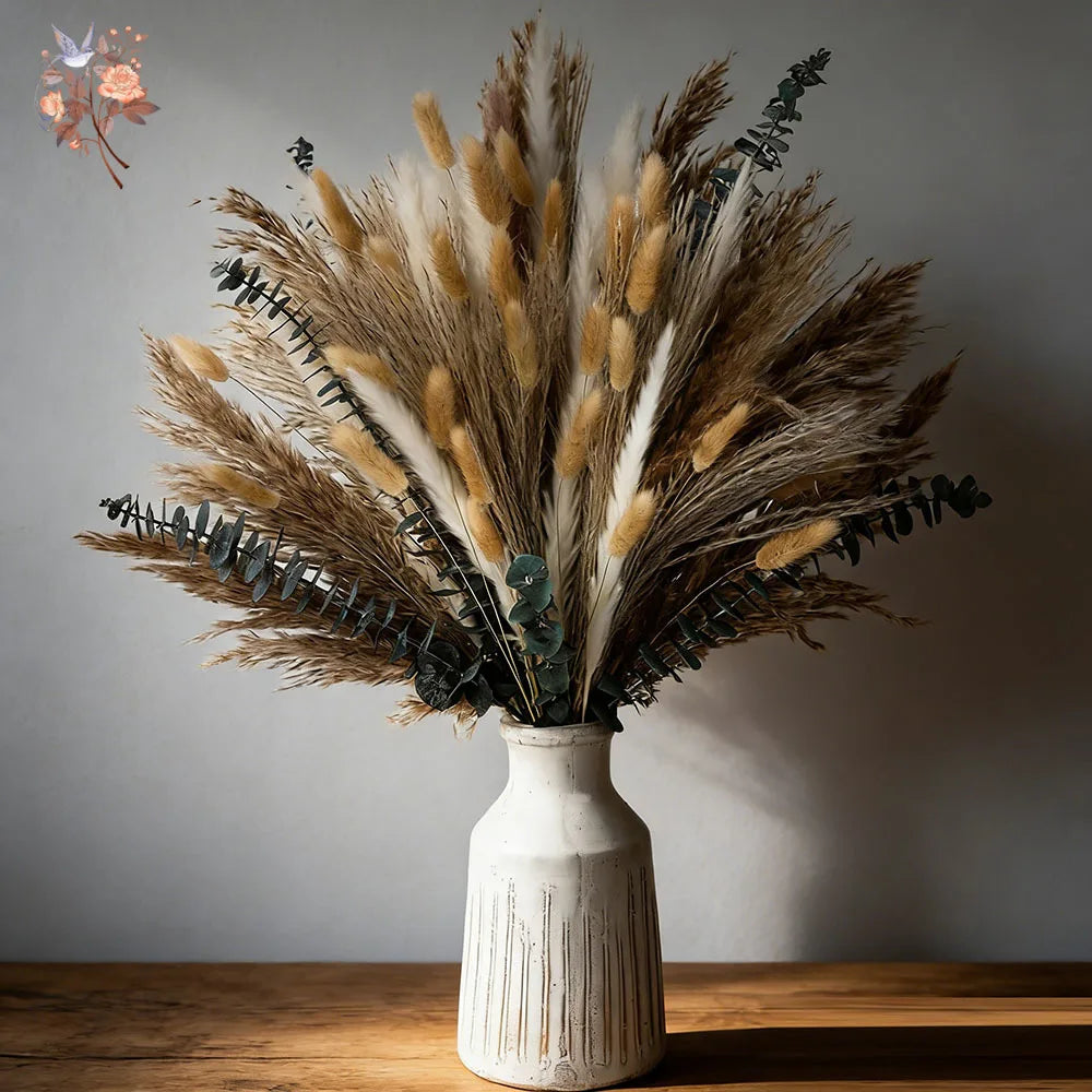 bouquet fleurs séchées eucalyptus roseau pampas beige blanc vert rustique décoration maison anniversaire mariage