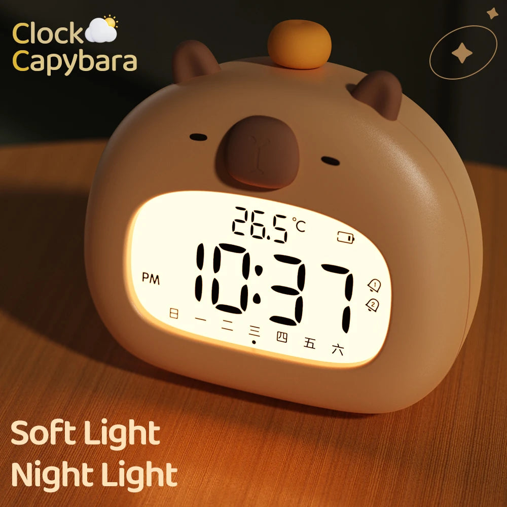 horloge table moderne motif capybara affichage numérique réglage luminosité réveil mignon orangé chambre coucher