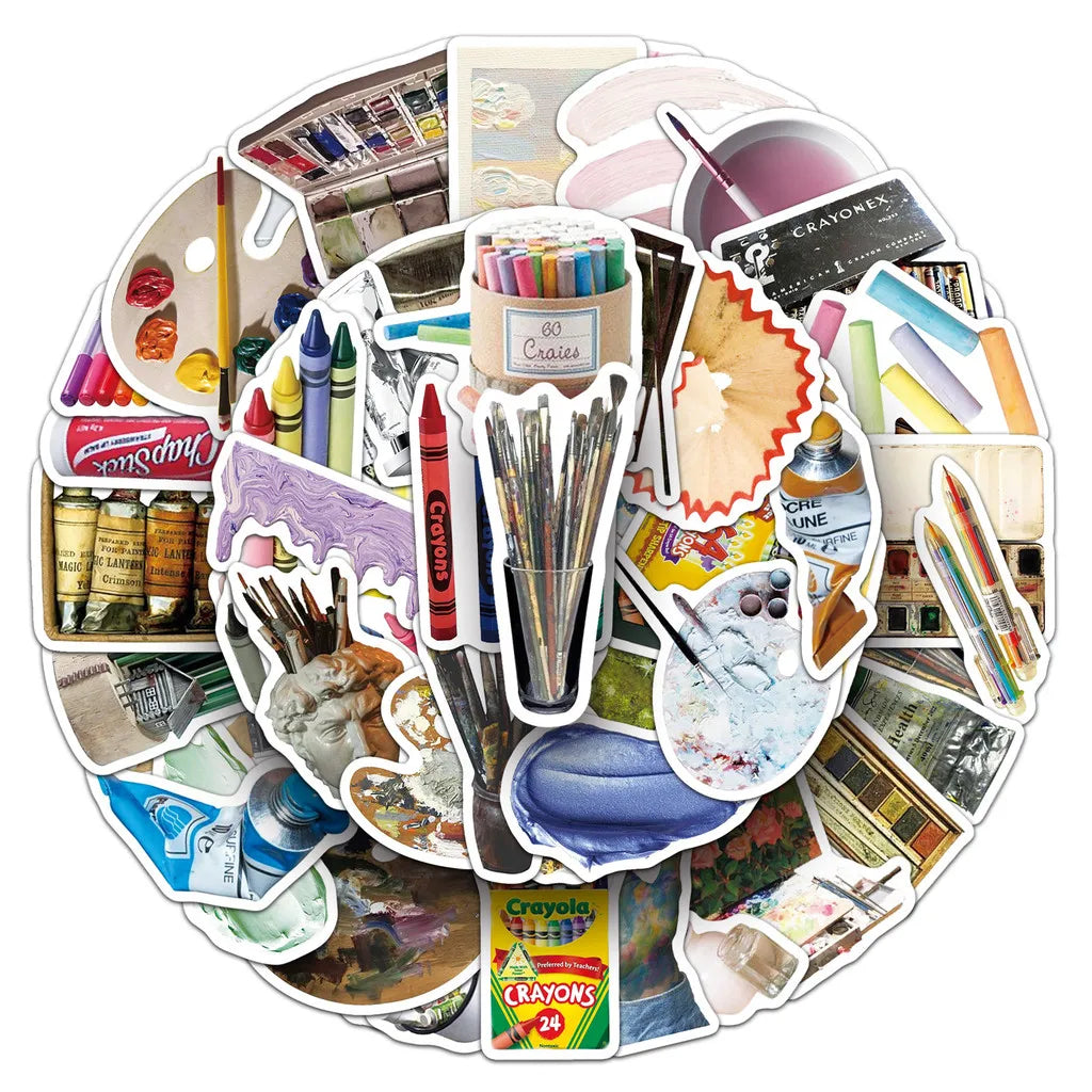 sticker artistique multicolore pinceau peinture palette toile 50 pièces