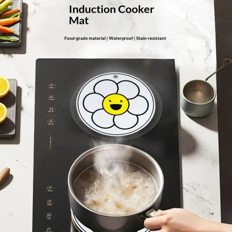 tapis cuisson induction blanc fleur stylisée moderne résistant haute température