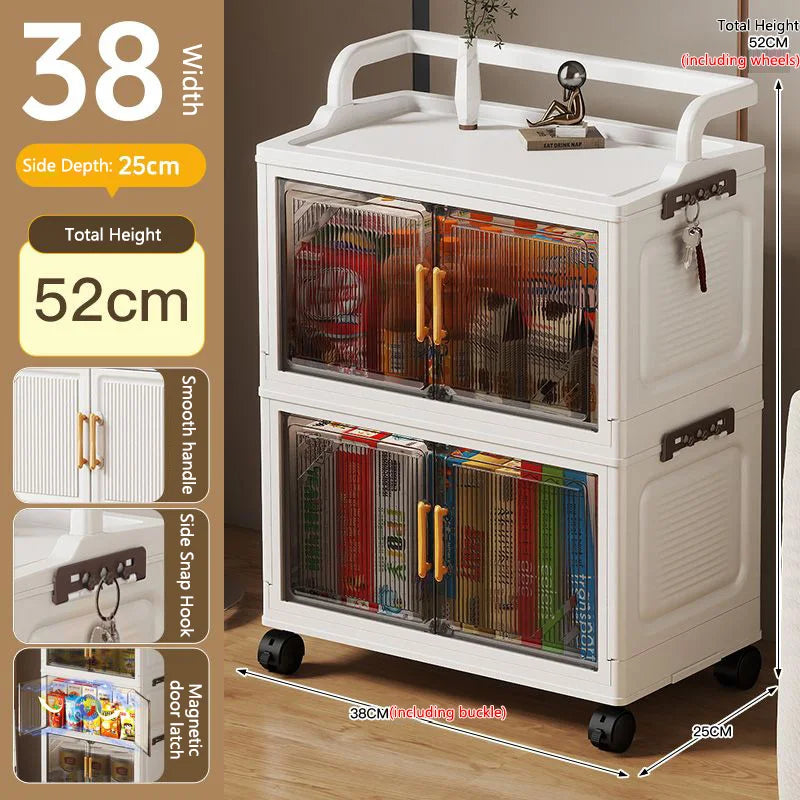 meuble rangement pliable blanc roulettes portes poignées dorées vêtements