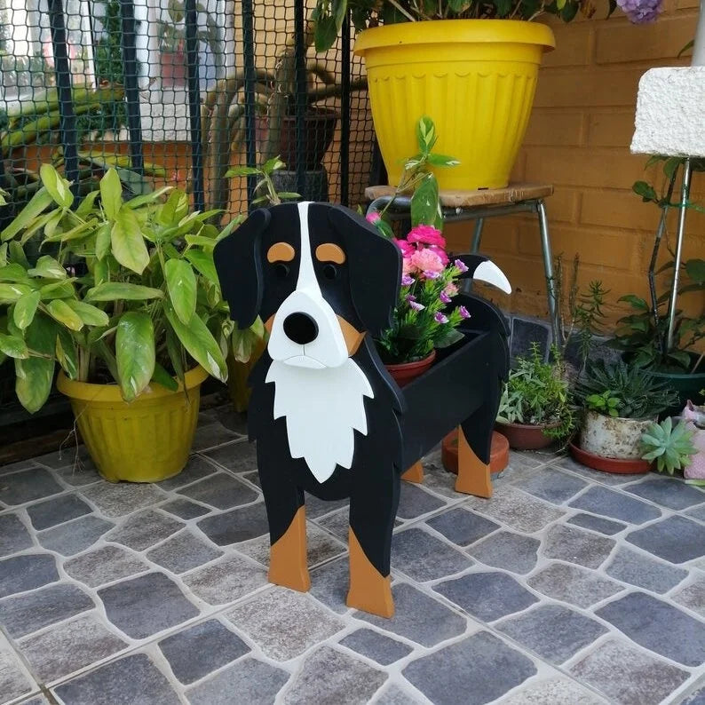 cache pot chien forme cartoon blanc beige marron noir rose vert détails visage plante