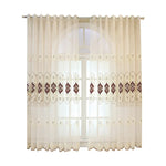 rideau beige marron broderie florale élégant classique transparent anneaux franges décoratives