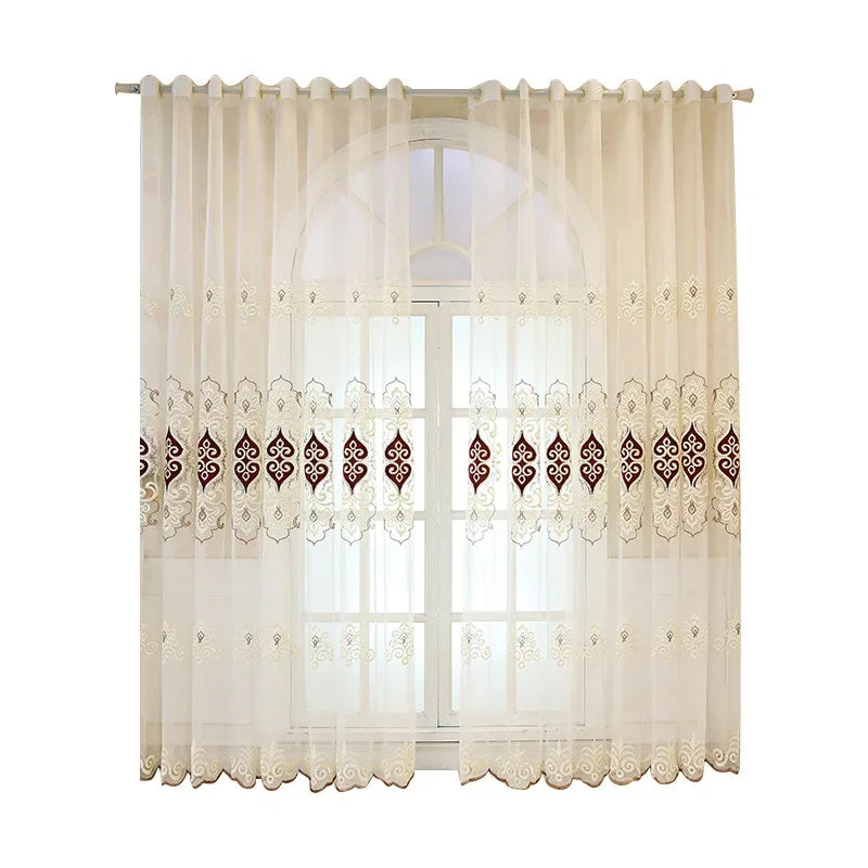 rideau beige marron broderie florale élégant classique transparent anneaux franges décoratives