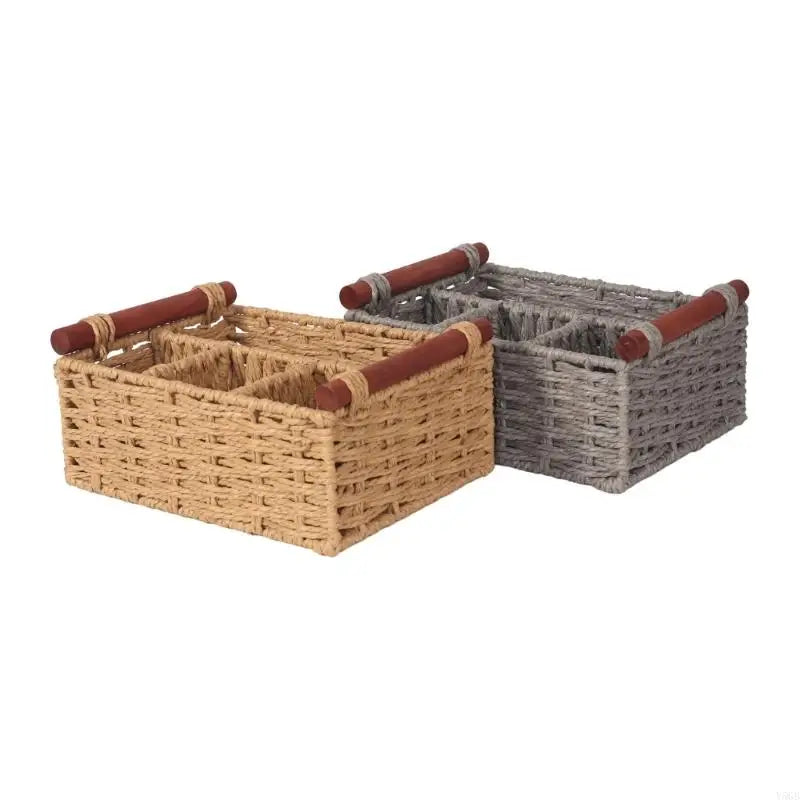 boîtes rangement tressées marron gris bohème poignées bois compartiments décoration chambre