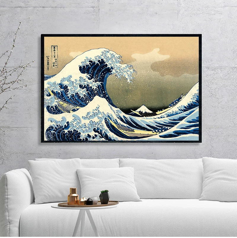 toile art japonais ukiyoe vague paysage bleu blanc vertical salon décoration huile moderne sans