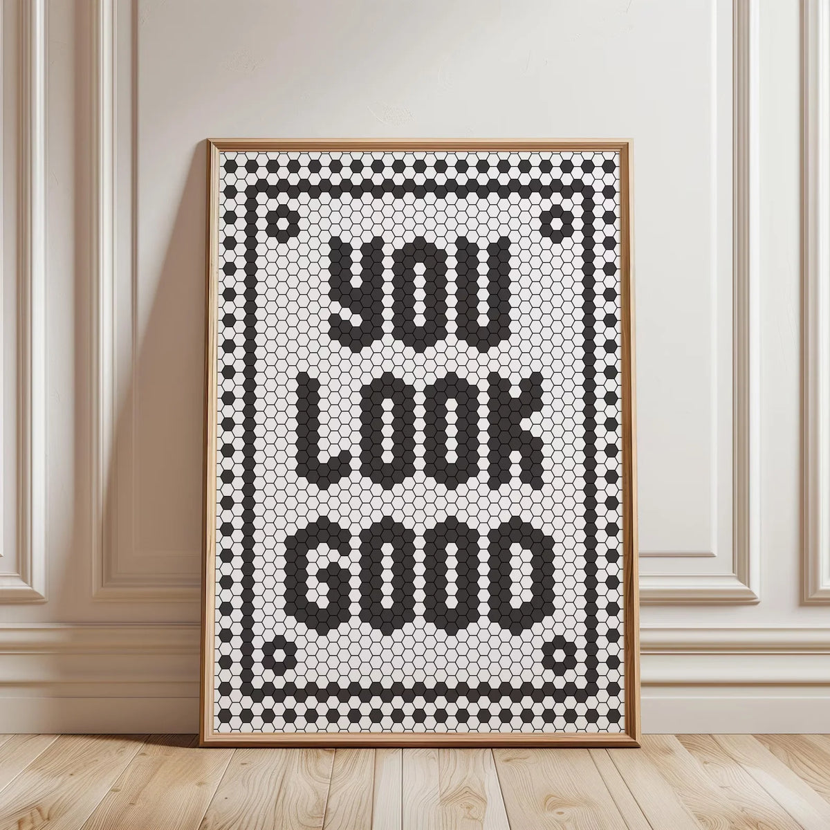 affiche murale hexagone moderne minimaliste noir blanche points bordure rectangle vertical