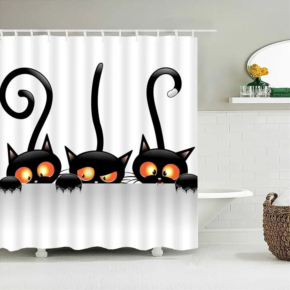 rideau douche chat noir métalliques fond blanc moderne waterproof polyester