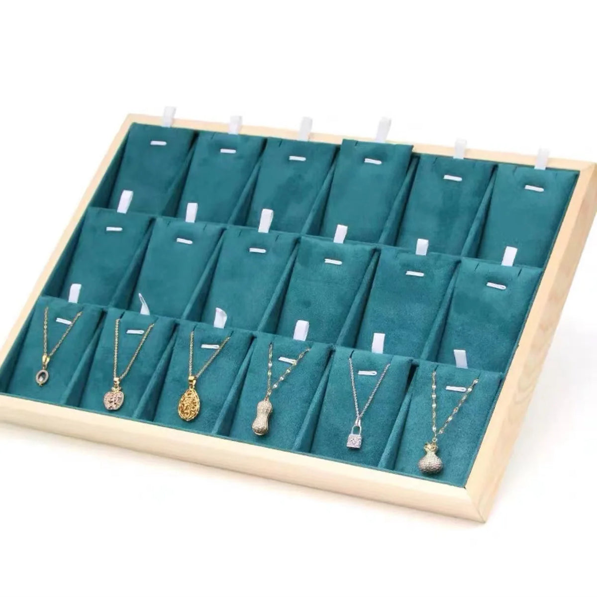 support bijoux bois velours clips boîte présentation breloques moderne 18 cases 24.5cm 35.4cm