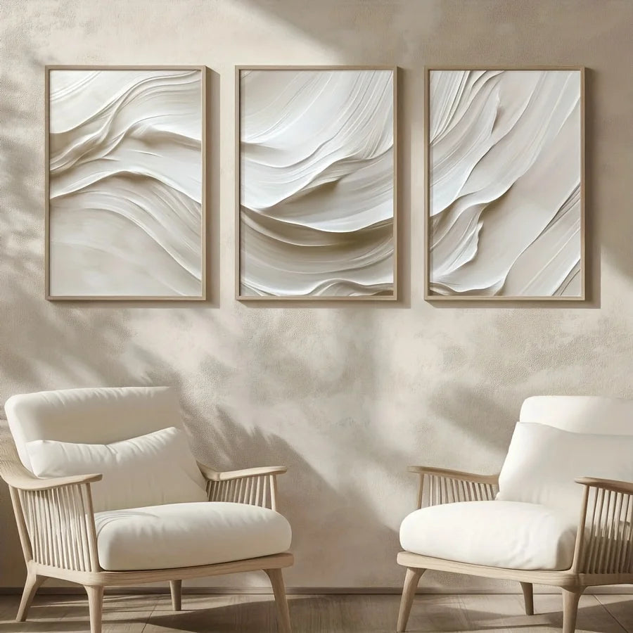 toiles d'art abstrait moderne blanc beige rayures ondulées salon chambre décoration mur pièces différents