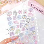 stickers kawaii animaux mignons coeurs étoiles arc ciel nuages rose vert bleu blanc