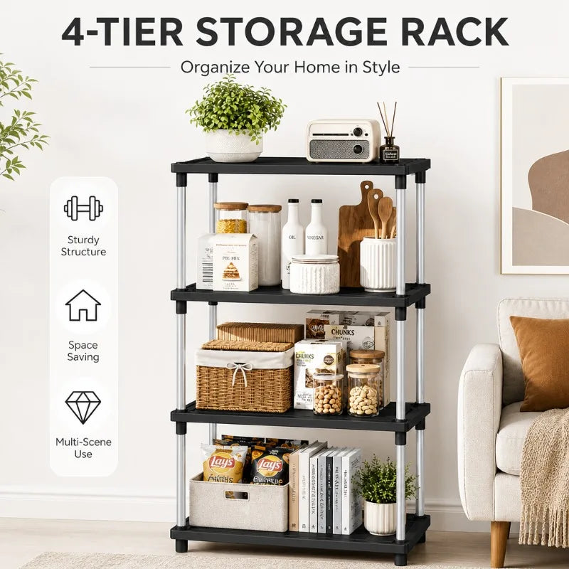 étagère rangement moderne noire blanche quatre niveaux matériau pp métal maison cuisine salle bain