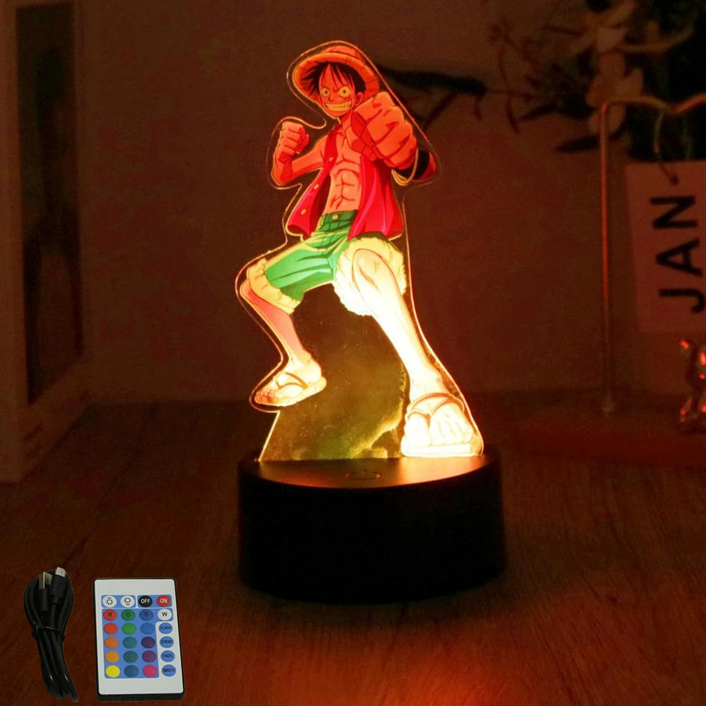 lampe led 3d anime luffy zorro cracked surface télécommande câble usb nocturne rouge vert